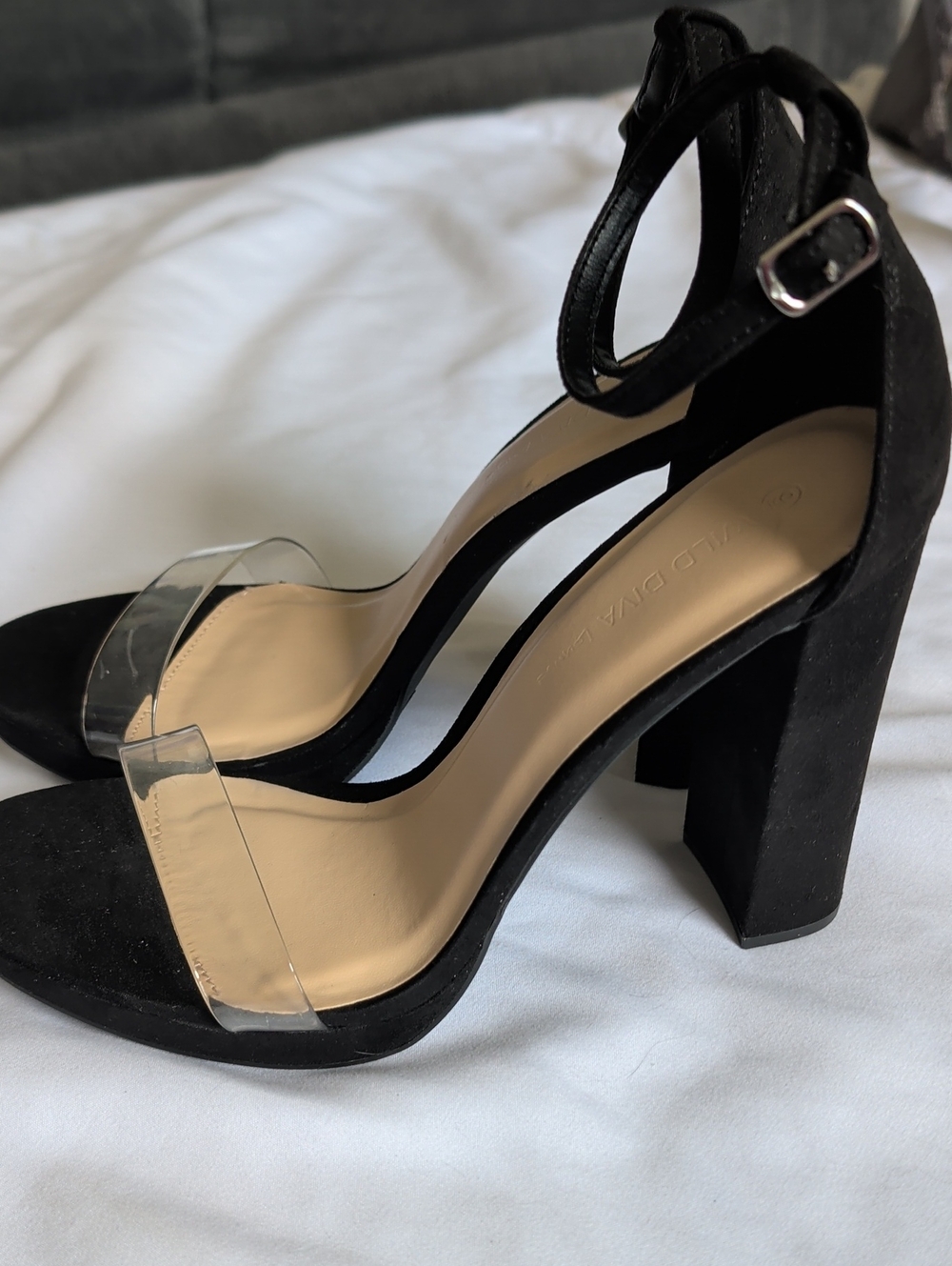 Wild Diva Black Suede Block Heels with Clear Strap